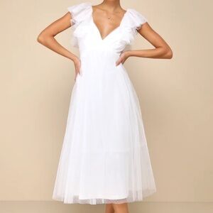 Perfect Invite White Swiss Dot Tie-Back Midi Dress